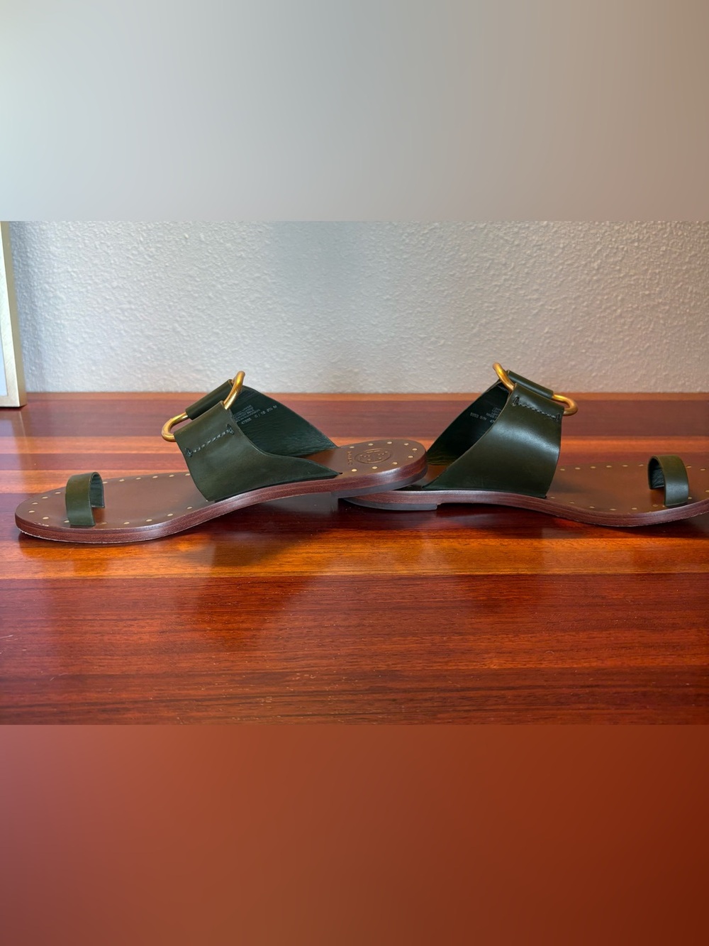 Tory Burch Brannan Studded Sandals in Olive Green Leather with Gold Hardware - Picture 10 of 14